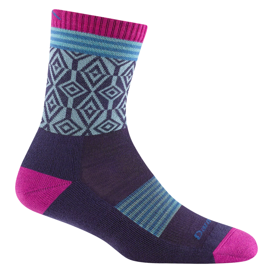 Sobo Micro Crew Lightweight With Cushion - Women by Darn Tough in purple and pink, cushioned low-profile hiking sock for blister protection and climate control