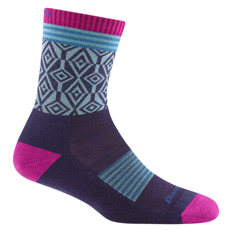 Sobo Micro Crew Lightweight With Cushion - Women by Darn Tough in purple and pink, cushioned low-profile hiking sock for blister protection and climate control