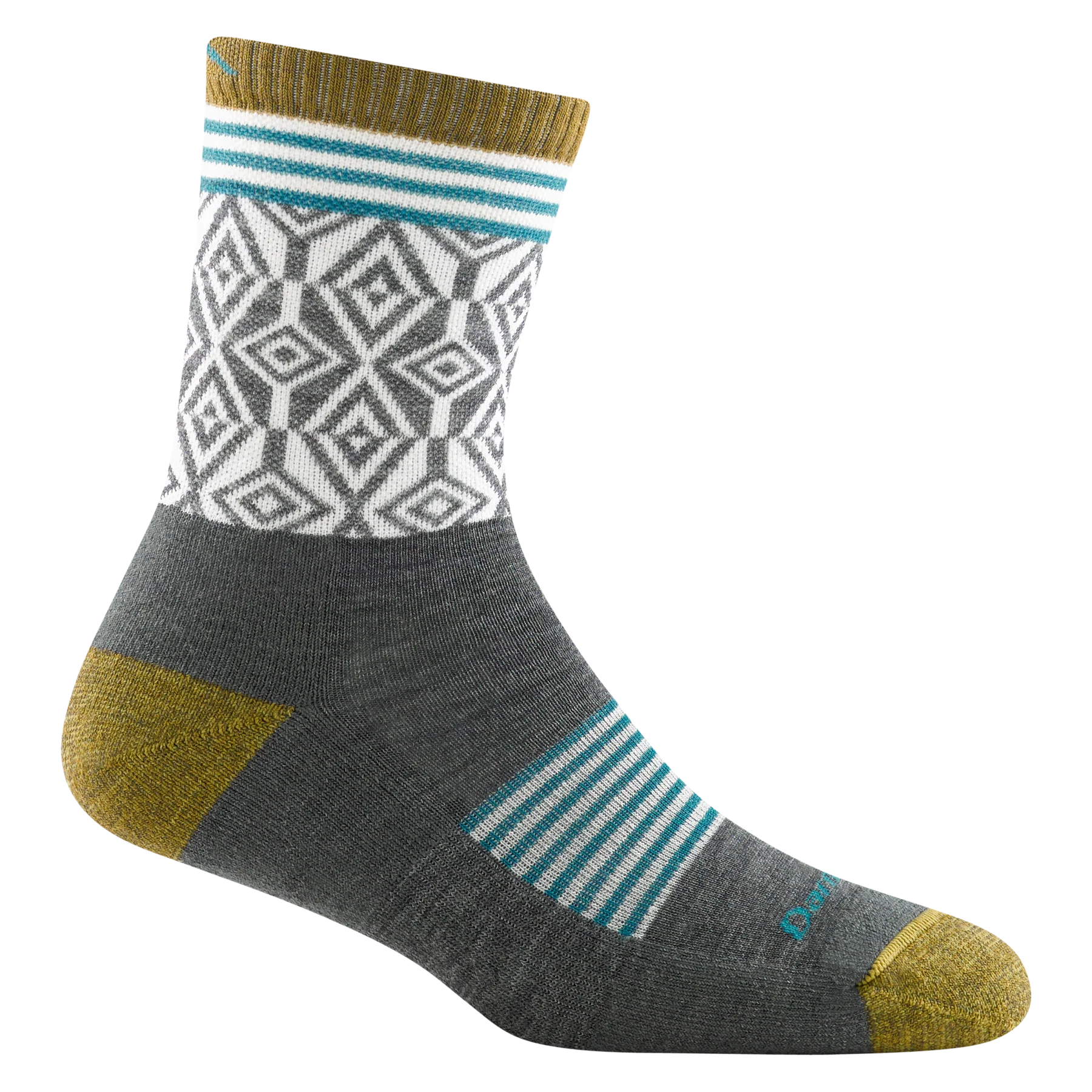 Sobo Micro Crew Lightweight With Cushion - Women by Darn Tough in grey, white, teal, and mustard with cushioning for hiking and outdoor use