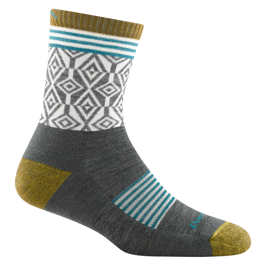 Sobo Micro Crew Lightweight With Cushion - Women by Darn Tough in grey, white, teal, and mustard with cushioning for hiking and outdoor use