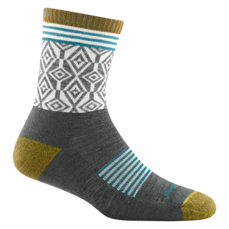 Sobo Micro Crew Lightweight With Cushion - Women by Darn Tough in grey, white, teal, and mustard with cushioning for hiking and outdoor use