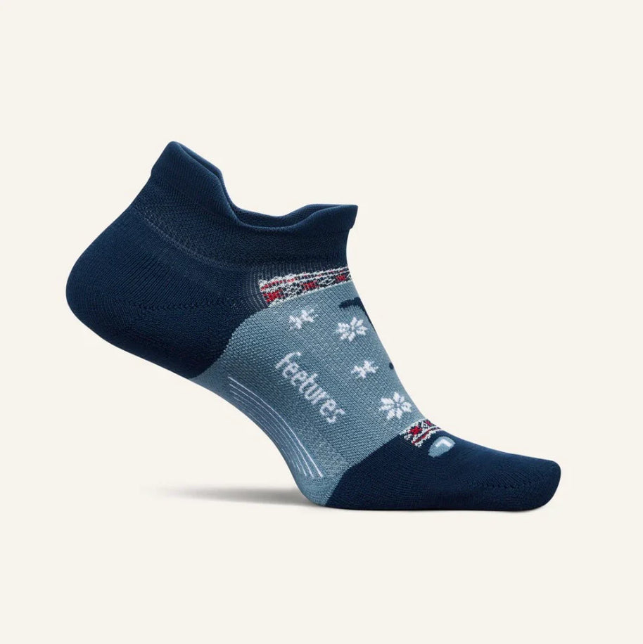 Elite Light Cushion No Show Tab by Feetures in navy and grey with anatomical design and targeted compression for lightweight running support
