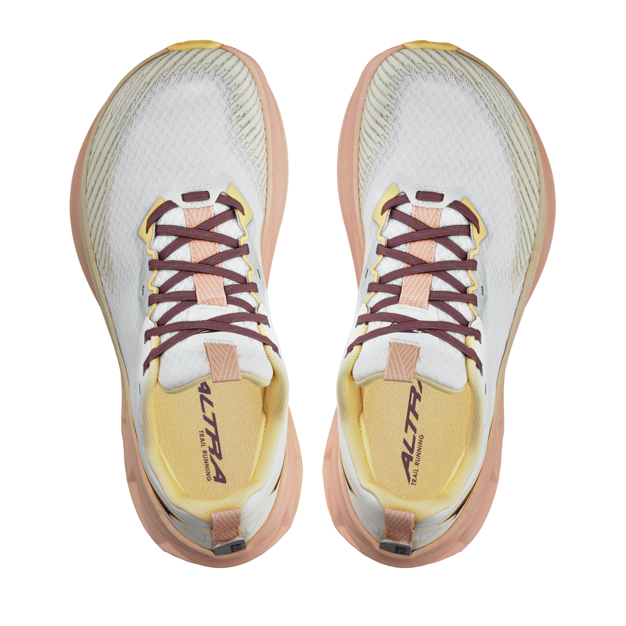Experience Wild 2 - Women by Altra Footwear in white, pink, and yellow lightweight trail running shoe with grippy sole and breathable mesh upper