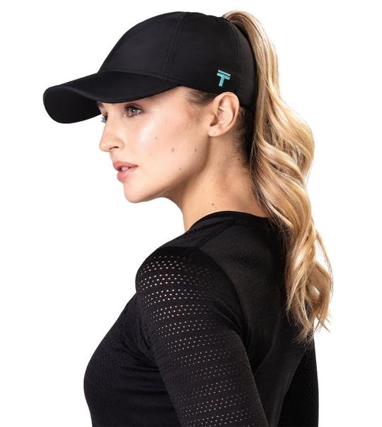 Performance 2.0 Ponytail Cap by Top Knot in black with teal logo, designed for comfort and hair-friendly fit, ideal for running and outdoor use