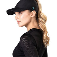 Performance 2.0 Ponytail Cap by Top Knot in black with teal logo, designed for comfort and hair-friendly fit, ideal for running and outdoor use