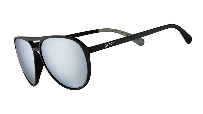 Add The Chrome Package by Goodr black and silver sunglasses with polarized reflective lenses, UV400 protection, aviator frames for comfort and style