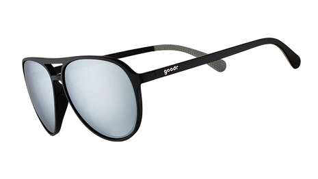 Add The Chrome Package by Goodr black and silver sunglasses with polarized reflective lenses, UV400 protection, aviator frames for comfort and style