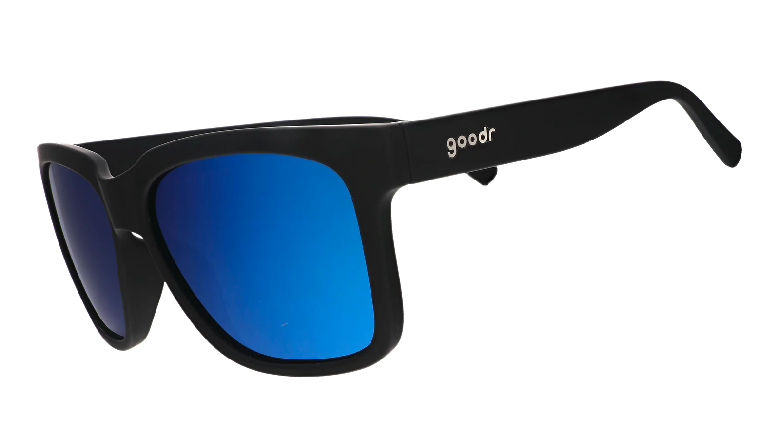 Buoys Don't Cry by Goodr black frames with blue reflective water-repellent lenses ideal for wave chasers and beach use