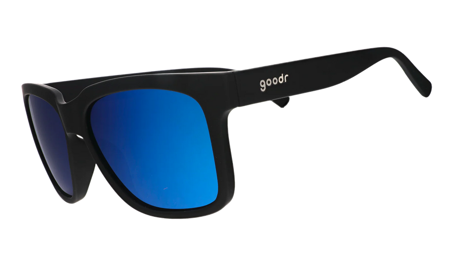 Buoys Don't Cry by Goodr black frames with blue reflective water-repellent lenses ideal for wave chasers and beach use