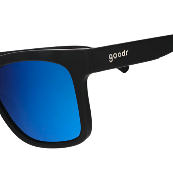 Buoys Don't Cry by Goodr black frames with blue reflective water-repellent lenses ideal for wave chasers and beach use
