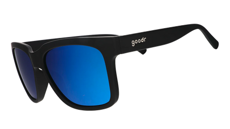 Buoys Don't Cry by Goodr black frames with blue reflective water-repellent lenses ideal for wave chasers and beach use