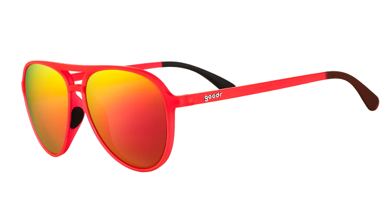 Captain Blunt's Red-Eye by Goodr in red with mirrored orange lenses, aviator sunglasses designed for no slip and no bounce, ideal for larger heads and outdoor use