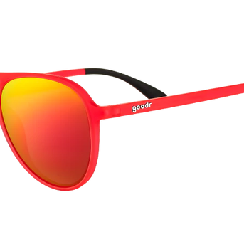 Captain Blunt's Red-Eye by Goodr in red with mirrored orange lenses, aviator sunglasses designed for no slip and no bounce, ideal for larger heads and outdoor use