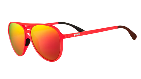 Captain Blunt's Red-Eye by Goodr in red with mirrored orange lenses, aviator sunglasses designed for no slip and no bounce, ideal for larger heads and outdoor use