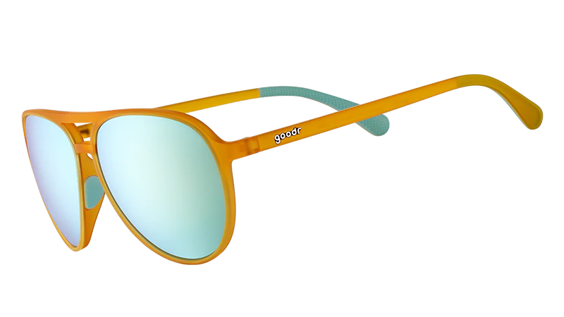Cheesy Flight Attendant by Goodr orange aviator sunglasses with blue mirrored lenses, wider fit for larger heads, stylish USA-based accessory