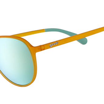 Cheesy Flight Attendant by Goodr orange aviator sunglasses with blue mirrored lenses, wider fit for larger heads, stylish USA-based accessory