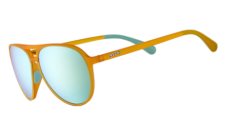 Cheesy Flight Attendant by Goodr orange aviator sunglasses with blue mirrored lenses, wider fit for larger heads, stylish USA-based accessory