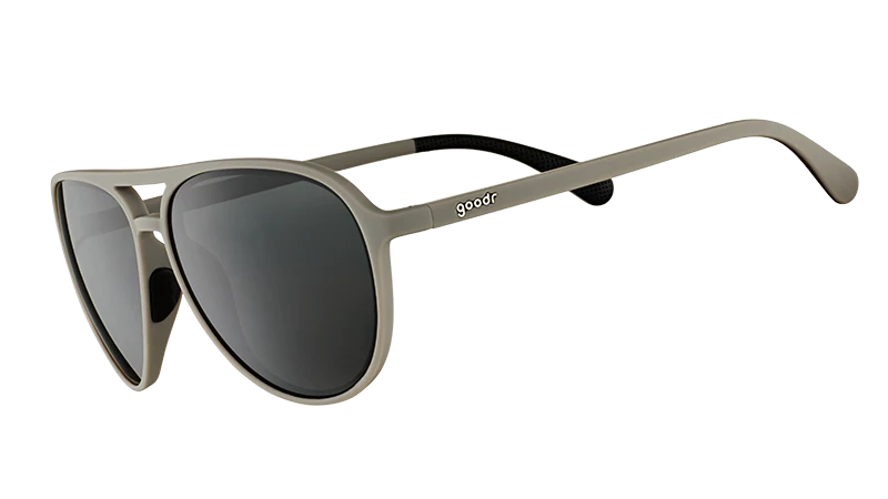 Clubhouse Closeout by Goodr in black and gray aviator sunglasses with polarized lenses, no slip, no bounce, ideal for golf and clubhouse use