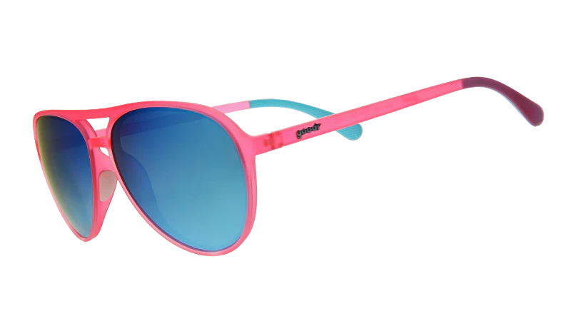 Carl Is My Co-Pilot by Goodr in pink with blue mirrored lenses, lightweight stylish glasses ideal for sporty outdoor use