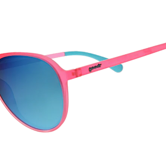 Carl Is My Co-Pilot by Goodr in pink with blue mirrored lenses, lightweight stylish glasses ideal for sporty outdoor use