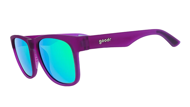 Colossal Squid Confessions by Goodr purple sunglasses with blue reflective lenses, lightweight accessories ideal for casual outdoor use