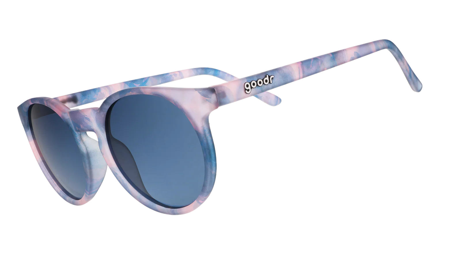Embracing My Inner Meteorologist by Goodr in stormy pink-gray, lightweight sunglasses ideal for outdoor running and casual wear