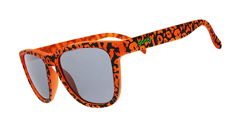 Exercise the Demons!!! by Goodr in orange and black patterned frames with black lenses, lightweight glasses designed for outdoor use.