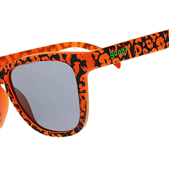 Exercise the Demons!!! by Goodr in orange and black patterned frames with black lenses, lightweight glasses designed for outdoor use.