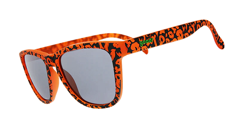 Exercise the Demons!!! by Goodr in orange and black patterned frames with black lenses, lightweight glasses designed for outdoor use.