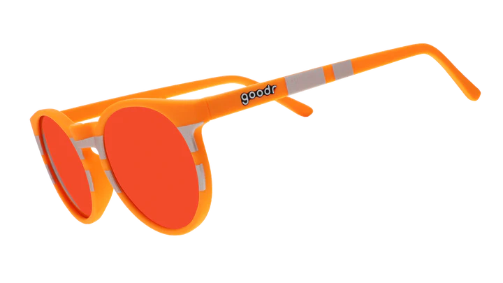 Face Under Construction by Goodr in orange with reflective silver Circle Gs and orange lenses, non-reflective, ideal for outdoor use