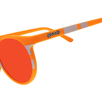 Face Under Construction by Goodr in orange with reflective silver Circle Gs and orange lenses, non-reflective, ideal for outdoor use