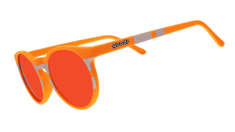 Face Under Construction by Goodr in orange with reflective silver Circle Gs and orange lenses, non-reflective, ideal for outdoor use