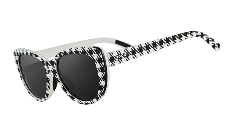 Gingham Is Sooo Last Season by Goodr black and white polarized cateye sunglasses midsize frame for outdoor use and medium noggins