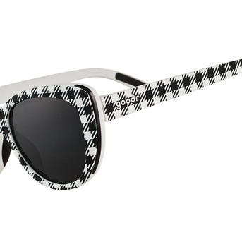 Gingham Is Sooo Last Season by Goodr black and white polarized cateye sunglasses midsize frame for outdoor use and medium noggins