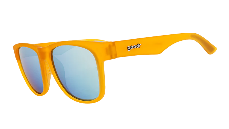 Gold Digging With Sasquatch by Goodr in bright orange with blue mirrored lenses, lightweight sunglasses for outdoor adventures and fun events