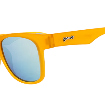 Gold Digging With Sasquatch by Goodr in bright orange with blue mirrored lenses, lightweight sunglasses for outdoor adventures and fun events