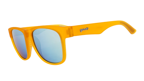 Gold Digging With Sasquatch by Goodr in bright orange with blue mirrored lenses, lightweight sunglasses for outdoor adventures and fun events