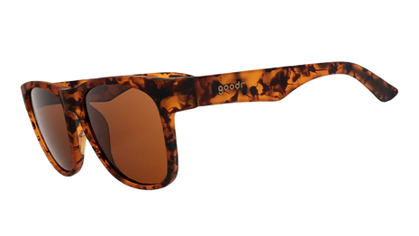 Goodr Hellhound Hallucinations sunglasses, side three-quarter view of tortoiseshell frame with brown lenses