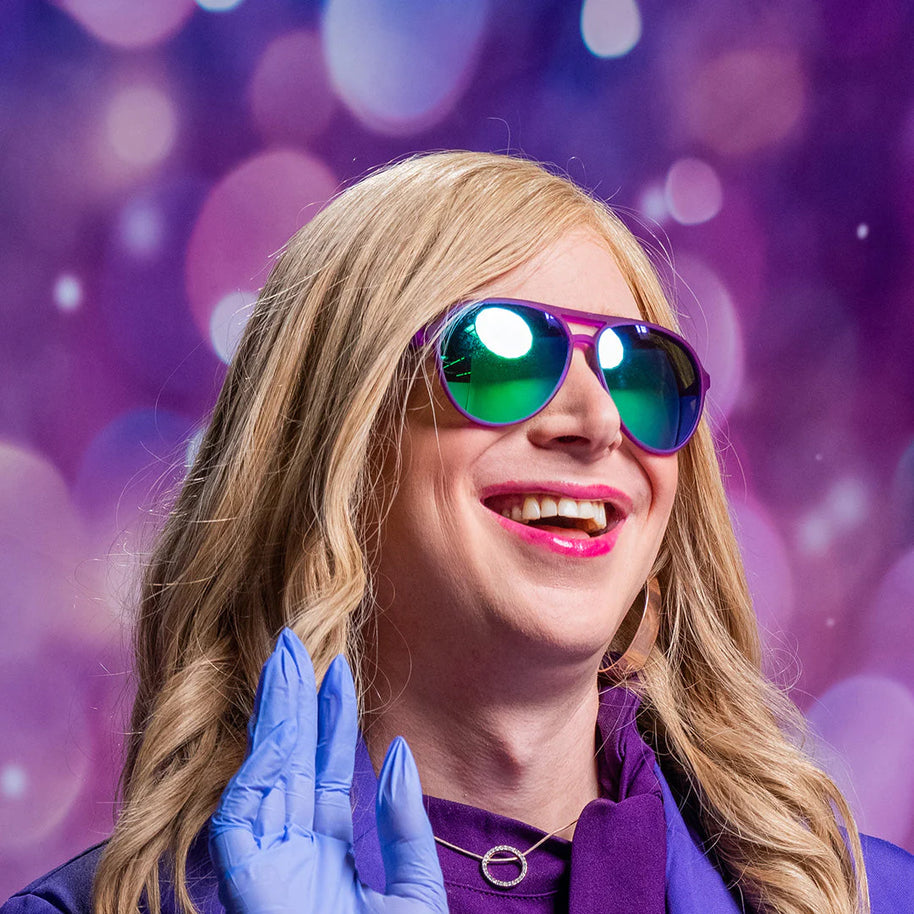 It's Octopuses, Not Octopi sunglasses by Goodr in purple with green reflective lenses, fun glasses for the octopus party look