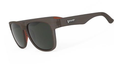 Just Knock It On! by Goodr, wide-fit wood grain sunglasses with mirrored lenses, designed for larger heads, no slip, no bounce, outdoor use