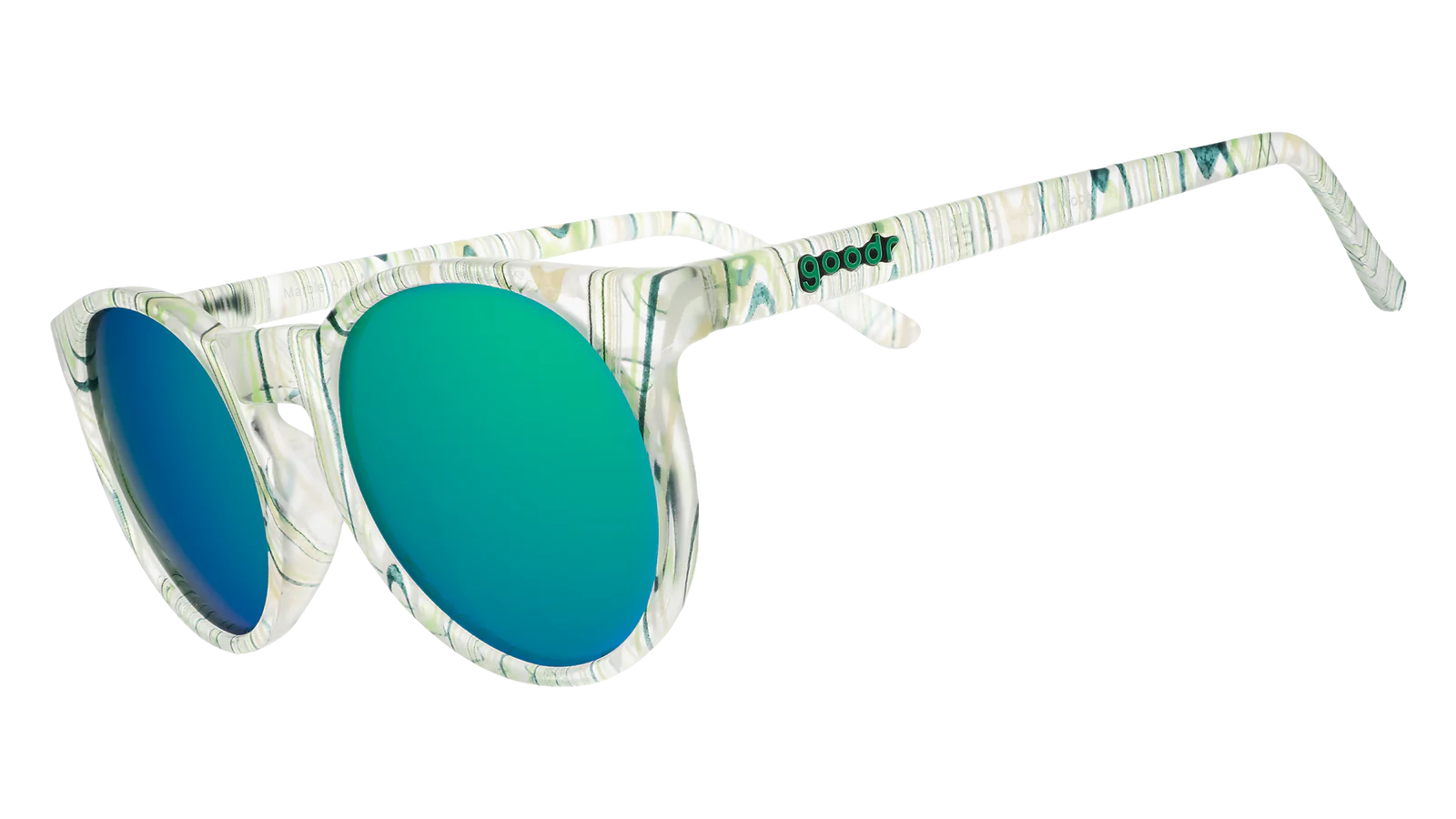 Marble Arts Master by Goodr in glossy green translucent marble with green reflective polarized lenses ideal for outdoor running and steelie sm