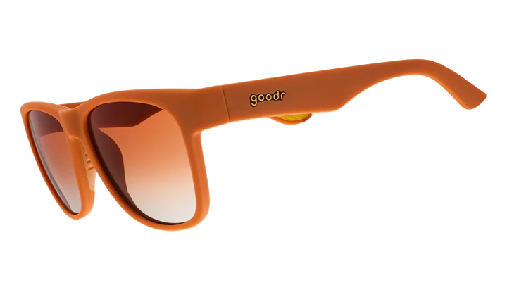 Mayor of Pangaea by Goodr in brown with orange-gold ocean gradient polarized lenses, stylish sunglasses for global influence and outdoor use