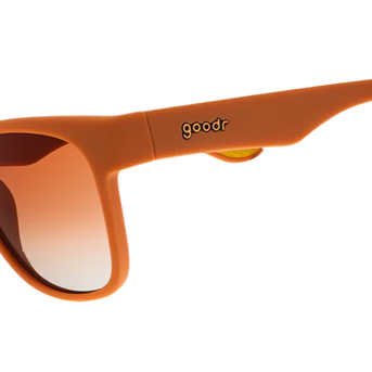 Mayor of Pangaea by Goodr in brown with orange-gold ocean gradient polarized lenses, stylish sunglasses for global influence and outdoor use