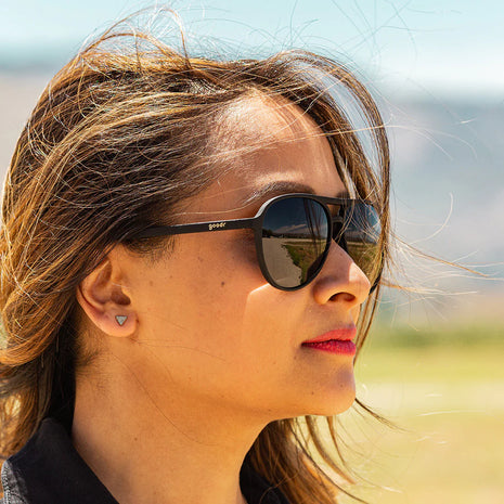 Operation Blackout by Goodr, all black Mach G sunglasses with aviator style, designed for elite sky force and bold outdoor wear