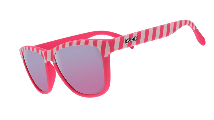 Road Twerk Ahead by Goodr in electric pink with hazard stripe design and rose reflective lenses, fun lightweight sunglasses for outdoor use