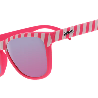 Road Twerk Ahead by Goodr in electric pink with hazard stripe design and rose reflective lenses, fun lightweight sunglasses for outdoor use