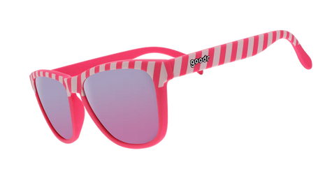Road Twerk Ahead by Goodr in electric pink with hazard stripe design and rose reflective lenses, fun lightweight sunglasses for outdoor use