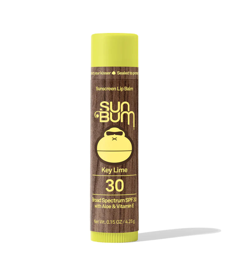 Lipbalm SPF 30 by Sun Bum in brown and yellow, moisturizing with Aloe and Vitamin E, broad spectrum protection for lips outdoors