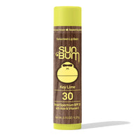Lipbalm SPF 30 by Sun Bum in brown and yellow, moisturizing with Aloe and Vitamin E, broad spectrum protection for lips outdoors