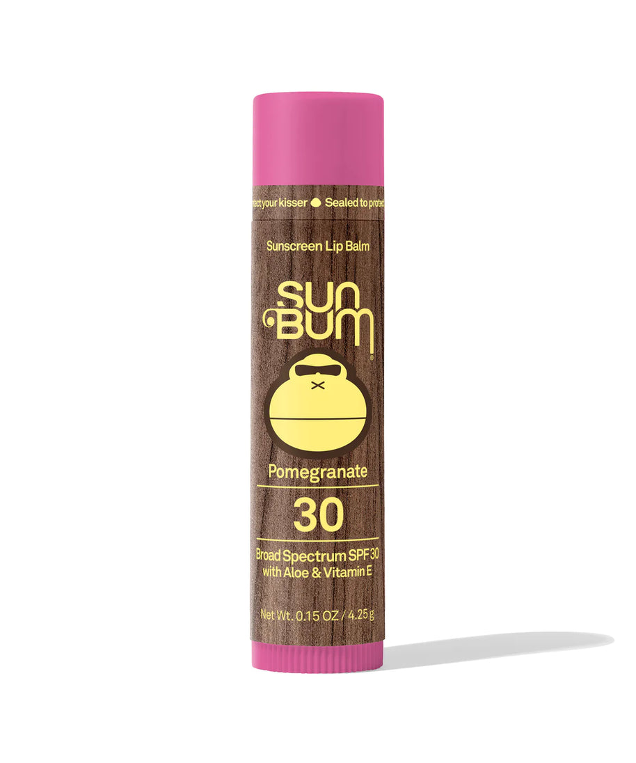 Lipbalm SPF 30 by Sun Bum in pink and brown, pomegranate flavor with Aloe and Vitamin E, moisturizing sun protection for lips